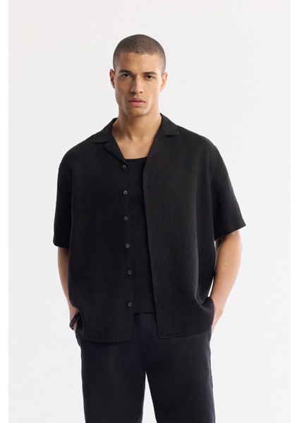 Erkek Siyah Apaj Yaka %100 Keten Kısa Kol Oversize Fit Gömlek A51Y2209