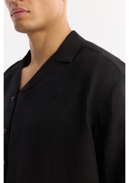 Erkek Siyah Apaj Yaka %100 Keten Kısa Kol Oversize Fit Gömlek A51Y2209 fiyatları