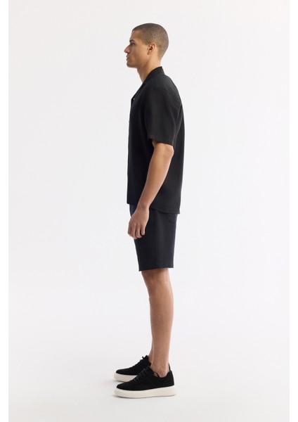 Erkek Siyah Apaj Yaka %100 Keten Kısa Kol Oversize Fit Gömlek A51Y2209 modelleri