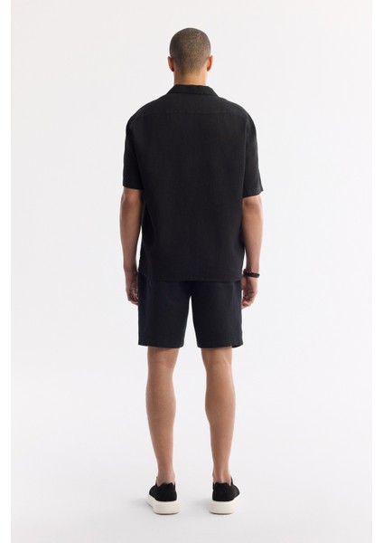 Erkek Siyah Apaj Yaka %100 Keten Kısa Kol Oversize Fit Gömlek A51Y2209 fırsatları