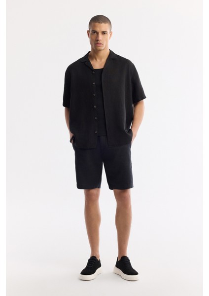 Erkek Siyah Apaj Yaka %100 Keten Kısa Kol Oversize Fit Gömlek A51Y2209 indirimleri