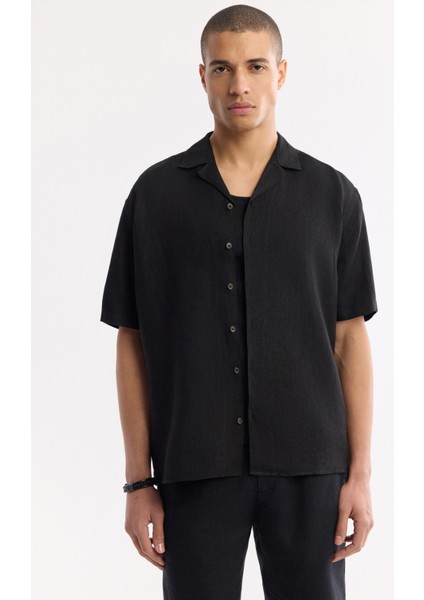 Erkek Siyah Apaj Yaka %100 Keten Kısa Kol Oversize Fit Gömlek A51Y2209