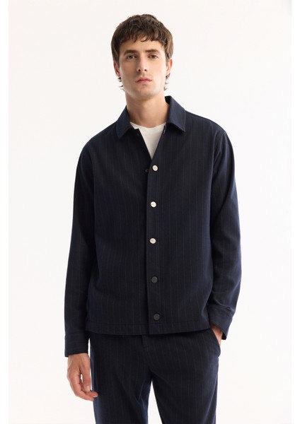 Erkek Lacivert Klasik Yaka Kolay Ütülenen Çizgili Comfort Fit Gömlek Ceket A52Y2018 fiyatları