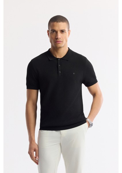 Erkek Siyah Polo Yaka Viskon Karışımlı Basic Triko Regular Fit T-Shirt B005120