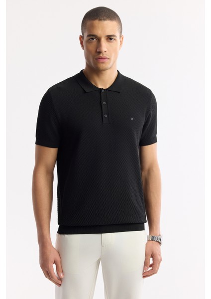 Erkek Siyah Polo Yaka Viskon Karışımlı Basic Triko Regular Fit T-Shirt B005120
