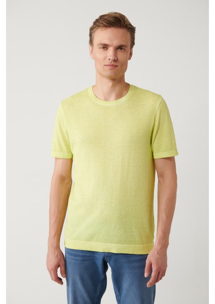 Erkek Neon Yeşil Bisiklet Yaka Triko Regular Fit T-Shirt A41Y5074 modelleri