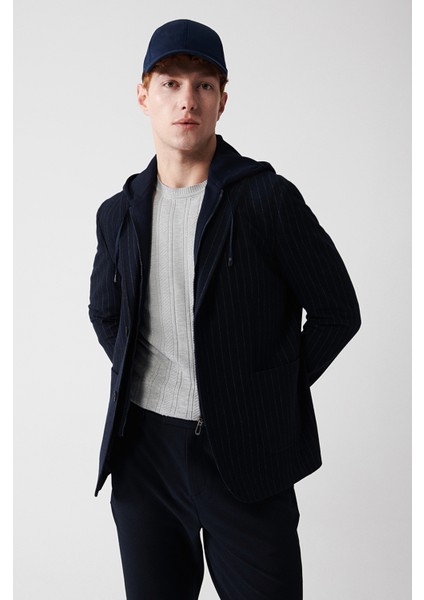 Erkek Lacivert Mono Yaka Çıkma Kapüşonlu Takma Cepli Ceket A32Y4019