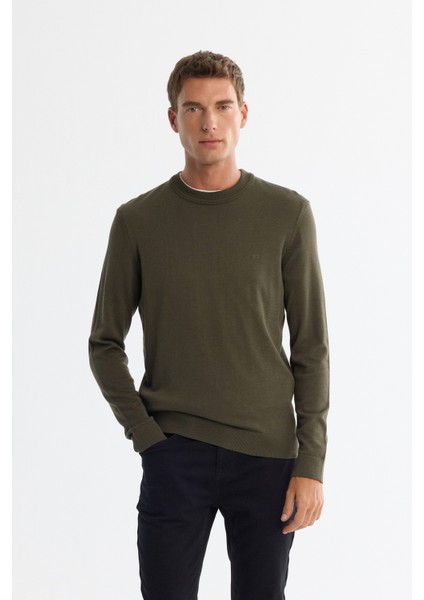 Erkek Haki Bisiklet Yaka Viskon Viskon Karışımlı Basic Triko Regular Fit Kazak B005021