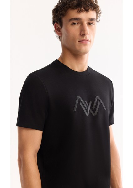 Erkek Siyah Bisiklet Yaka Viskon Karışımlı Bi-Stretch Baskılı Regular Fit T-Shirt A52Y1016