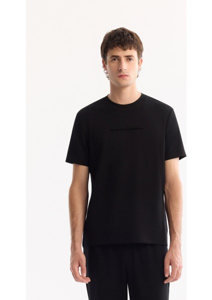 Erkek Siyah Bisiklet Yaka Viskon Karışımlı Bi-Stretch Baskılı Regular Fit T-Shirt A52Y1014