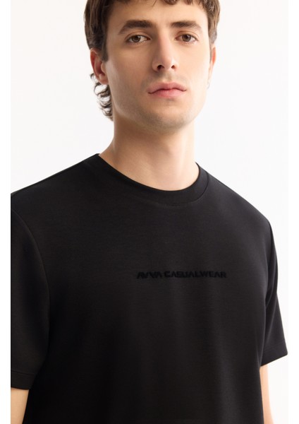 Erkek Siyah Bisiklet Yaka Viskon Karışımlı Bi-Stretch Baskılı Regular Fit T-Shirt A52Y1014