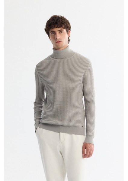 Erkek Gri Tam Balıkçı Yaka Yün Karışımlı Jakarlı Triko Regular Fit Kazak A42Y5074