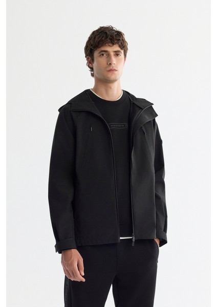 Erkek Siyah Kapüşonlu Su İtici Rüzgar Geçirmez Mıknatıs Kapama Mevsimlik Mont A42Y6083