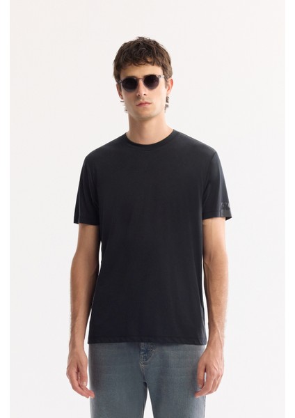 Erkek Siyah Bisiklet Yaka Soft Touch Bi-Stretch Baskılı Regular Fit T-Shirt A52Y1022