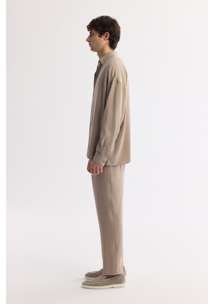Erkek Bej Alttan Britli Yaka Soft Touch Oversize Fit Gömlek A51Y2168 modelleri