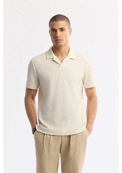 Erkek Ekru Apaj Yaka Jakarlı Keten Karışımlı Regular Fit T-Shirt A51Y1024