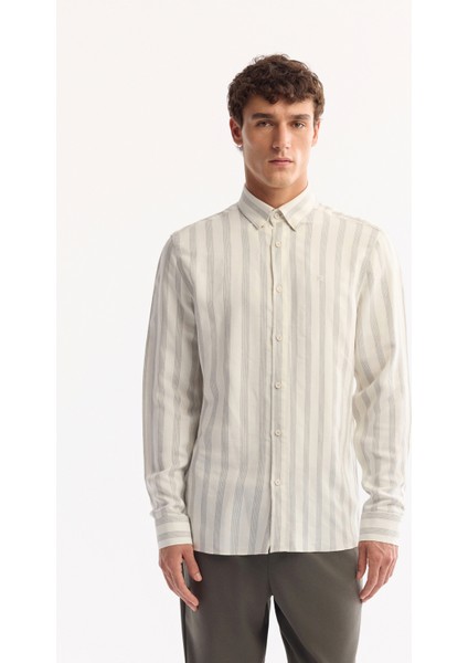 Erkek Gri Düğmeli Yaka Soft Touch Çizgili Comfort Fit Gömlek A52Y2112