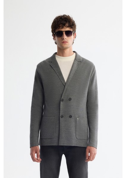 Erkek Gri Mono Yaka Kruvaze Torba Cepli Yün Karışımlı Triko Regular Fit Hırka A42Y5153