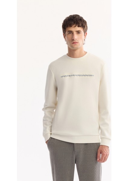 Erkek Ekru Bisiklet Yaka Pamuklu Bi-Stretch Baskılı Regular Fit Sweatshirt A52Y1210