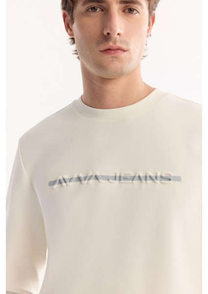 Erkek Ekru Bisiklet Yaka Pamuklu Bi-Stretch Baskılı Regular Fit Sweatshirt A52Y1210