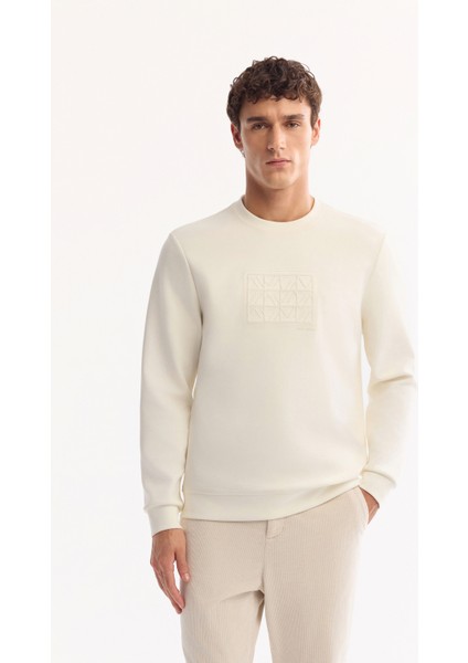 Erkek Ekru Bisiklet Yaka Pamuklu Bi-Stretch Baskılı Regular Fit Sweatshirt A52Y1289