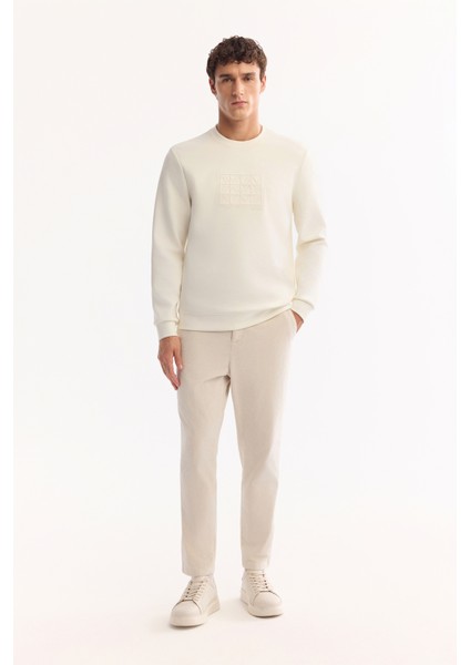 Erkek Ekru Bisiklet Yaka Pamuklu Bi-Stretch Baskılı Regular Fit Sweatshirt A52Y1289