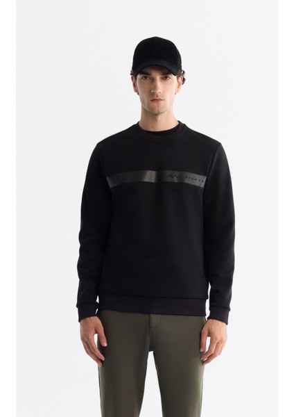 Erkek SiyahBisiklet Yaka Pamuklu Baskılı Elastan Regular Fit Sweatshirt A42Y1260