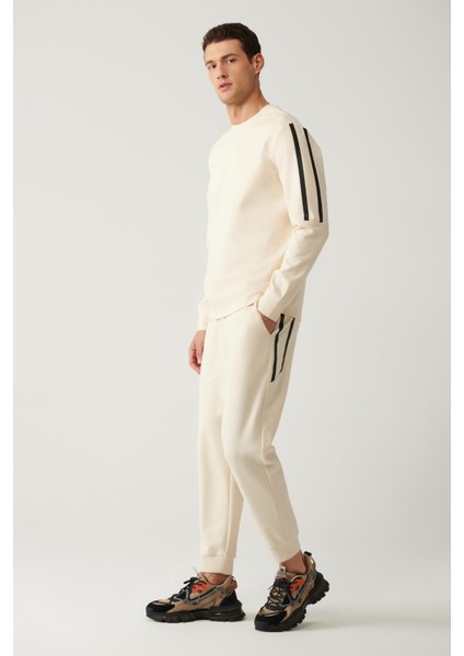 Erkek Bej Beli Bağcıklı Lastikli Bi-Stretch Regular Fit Eşofman Altı A41Y3408