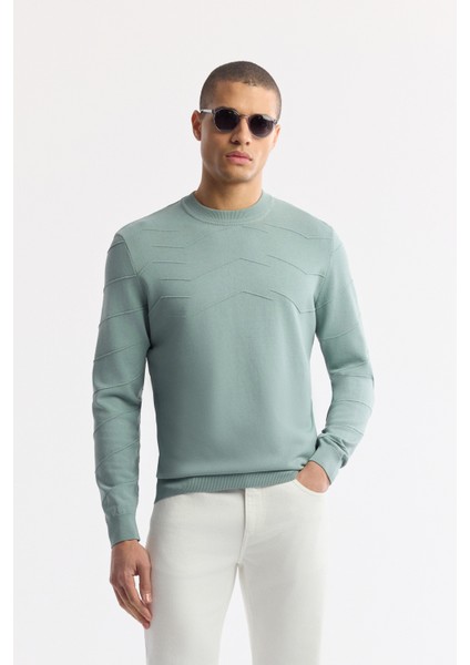 Erkek Nil Yeşili Bisiklet Yaka Dokulu Rayon Triko Regular Fit Kazak A51Y5022