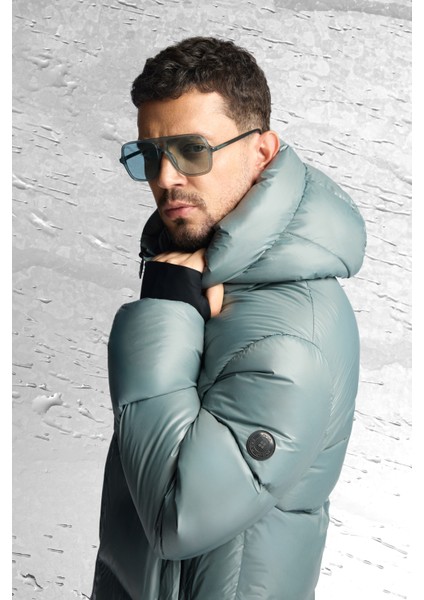 Erkek Sage Kapüşonlu %100 Kaz Tüyü Su İtici Rüzgar Geçirmez -15°CDayanıklı Şişme Mont A52Y6182