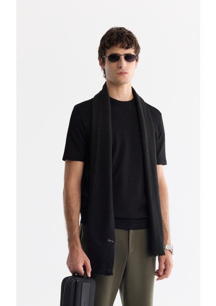 Erkek Siyah Bisiklet Yaka Jakarlı Rayon Triko Regular Fit T-Shirt A42Y5008