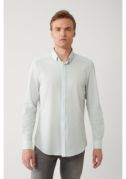 Erkek Açık Mavi Düğmeli Yaka Gofreli Kolay Ütülenebilir Slim Fit Gömlek A41Y2082 modelleri