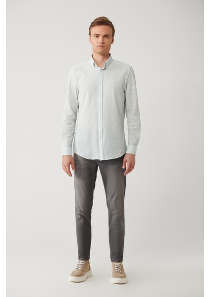 Erkek Açık Mavi Düğmeli Yaka Gofreli Kolay Ütülenebilir Slim Fit Gömlek A41Y2082