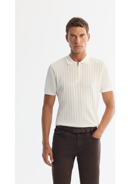 Erkek Ekru Polo Yaka Fermuarlı Rayon Triko Regular Fit T-Shirt A42Y5128