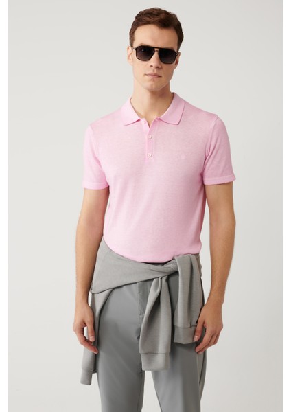 Erkek Pembe 3 Düğmeli Polo Yaka Triko Regular Fit T-Shirt A41Y5067