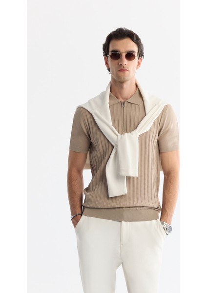 Erkek Vizon Polo Yaka Fermuarlı Rayon Triko Regular Fit T-Shirt A42Y5128