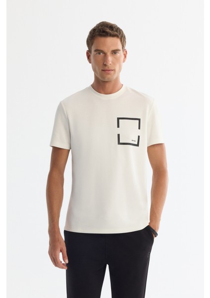 Erkek Ekru Bisiklet Yaka Baskılı Elastan Regular Fit T-Shirt A42Y1020