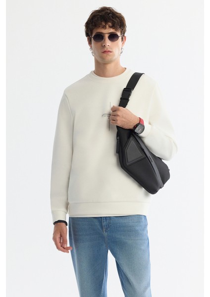 Erkek Ekru Bisiklet Yaka Pamuklu Baskılı Elastan Regular Fit Sweatshirt A42Y1313