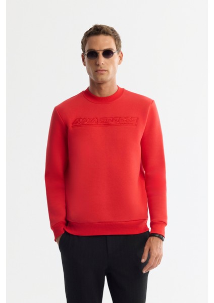 Erkek Kırmızı Bisiklet Yaka 3 İplik Şardonlu Baskılı Regular Fit Sweatshirt A42Y1306