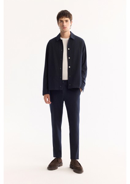 Erkek Lacivert Klasik Yaka Kolay Ütülenen Çizgili Comfort Fit Gömlek Ceket A52Y2018