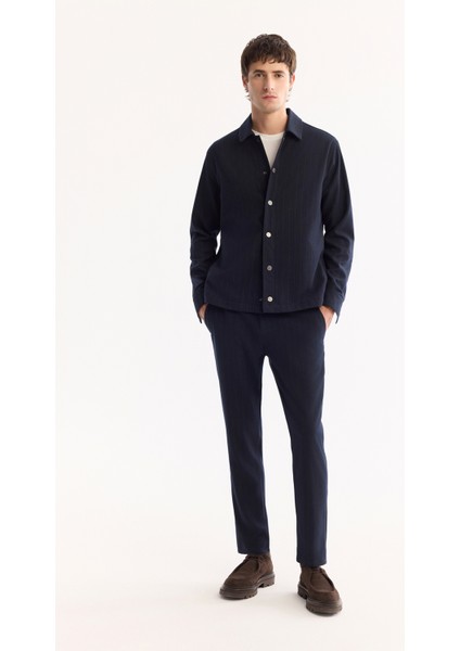 Erkek Lacivert Klasik Yaka Kolay Ütülenen Çizgili Comfort Fit Gömlek Ceket A52Y2018