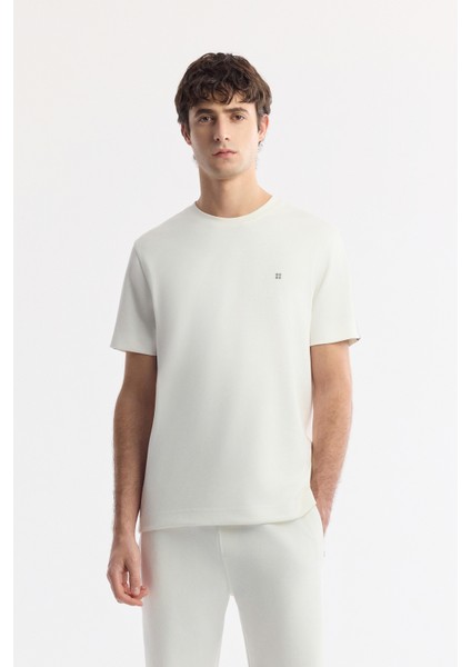 Erkek Ekru Bisiklet Yaka Baskılı Bi-Stretch İnterlok Regular Fit T-Shirt A51Y1150