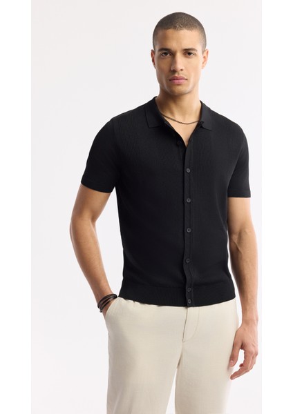 Erkek Siyah Polo Yaka Düğmeli Fitilli Rayon Triko Regular Fit T-Shirt A51Y5001