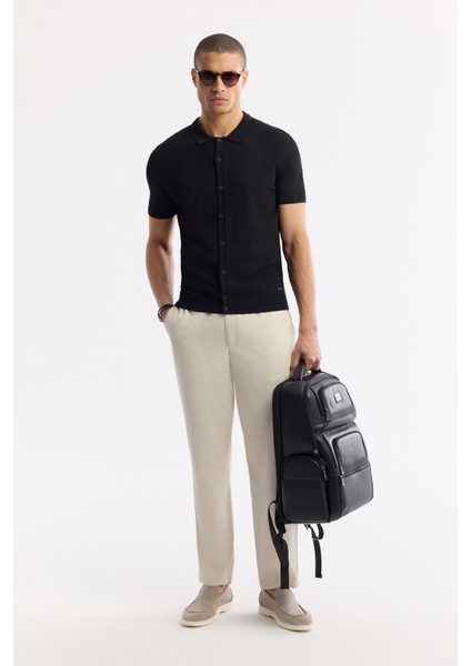 Erkek Siyah Polo Yaka Düğmeli Fitilli Rayon Triko Regular Fit T-Shirt A51Y5001