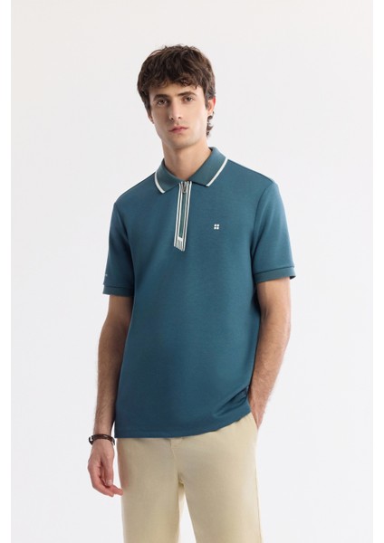 Erkek Petrol Mavi Polo Yaka Bi-Stretch Baskılı İnterlok Regular Fit T-Shirt A51Y1007