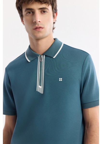 Erkek Petrol Mavi Polo Yaka Bi-Stretch Baskılı İnterlok Regular Fit T-Shirt A51Y1007 fiyatları