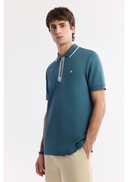 Erkek Petrol Mavi Polo Yaka Bi-Stretch Baskılı İnterlok Regular Fit T-Shirt A51Y1007