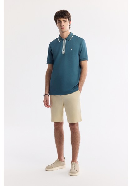 Erkek Petrol Mavi Polo Yaka Bi-Stretch Baskılı İnterlok Regular Fit T-Shirt A51Y1007