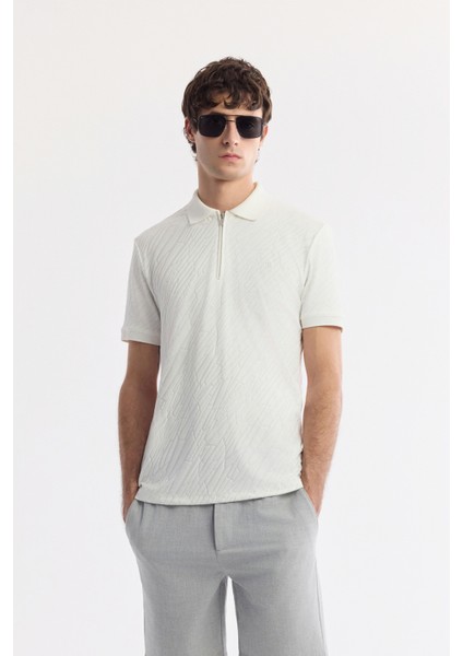 Erkek Beyaz Polo Yaka Jakarlı Regular Fit T-Shirt A51Y1090