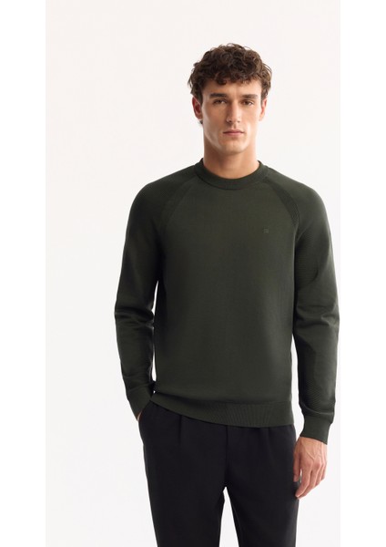 Erkek Haki Bisiklet Yaka Dokulu Triko Regular Fit Kazak A52Y5083